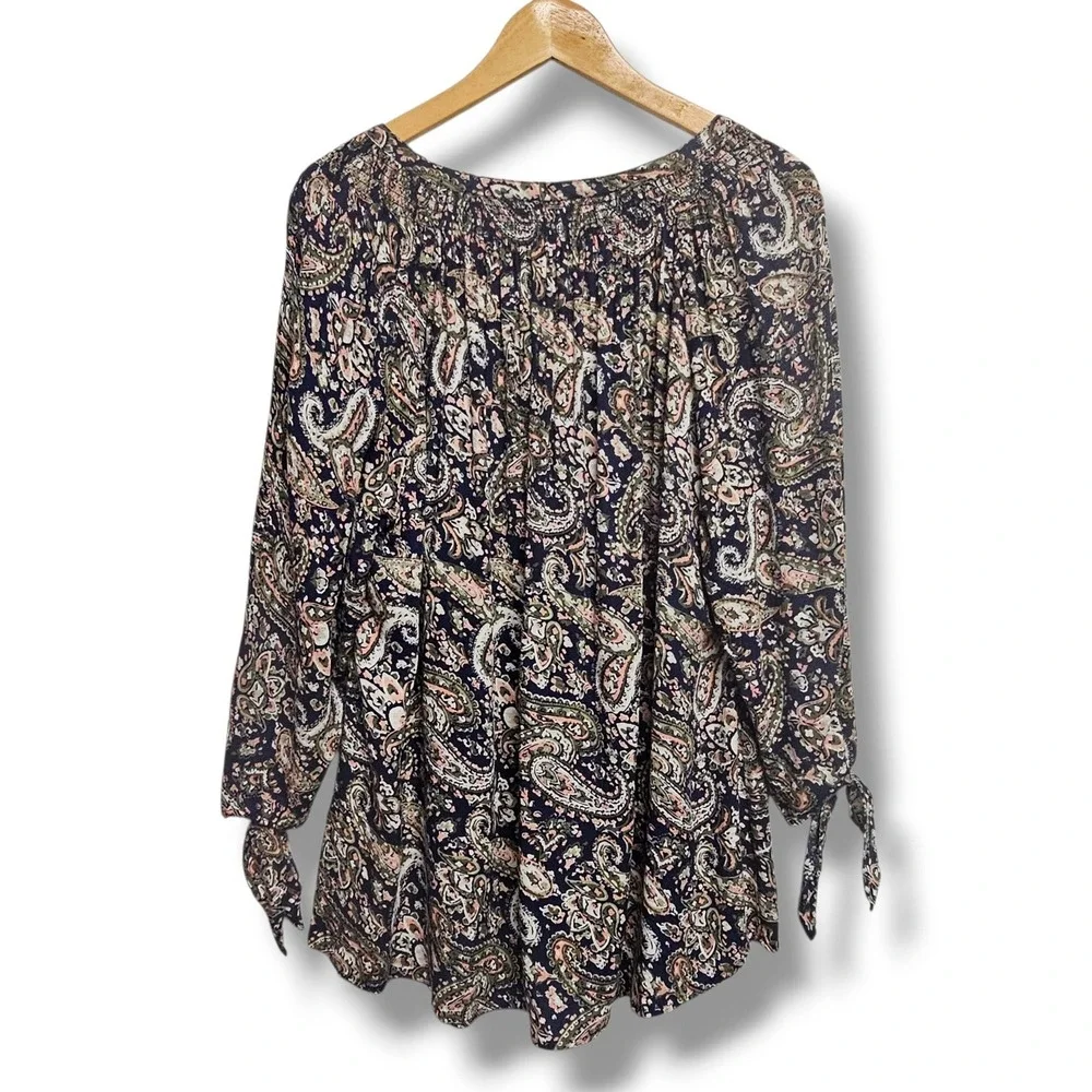 Westport Peasant Top 1X Womens Navy Paisley Smocked Tie Sleeve Button Front Boho